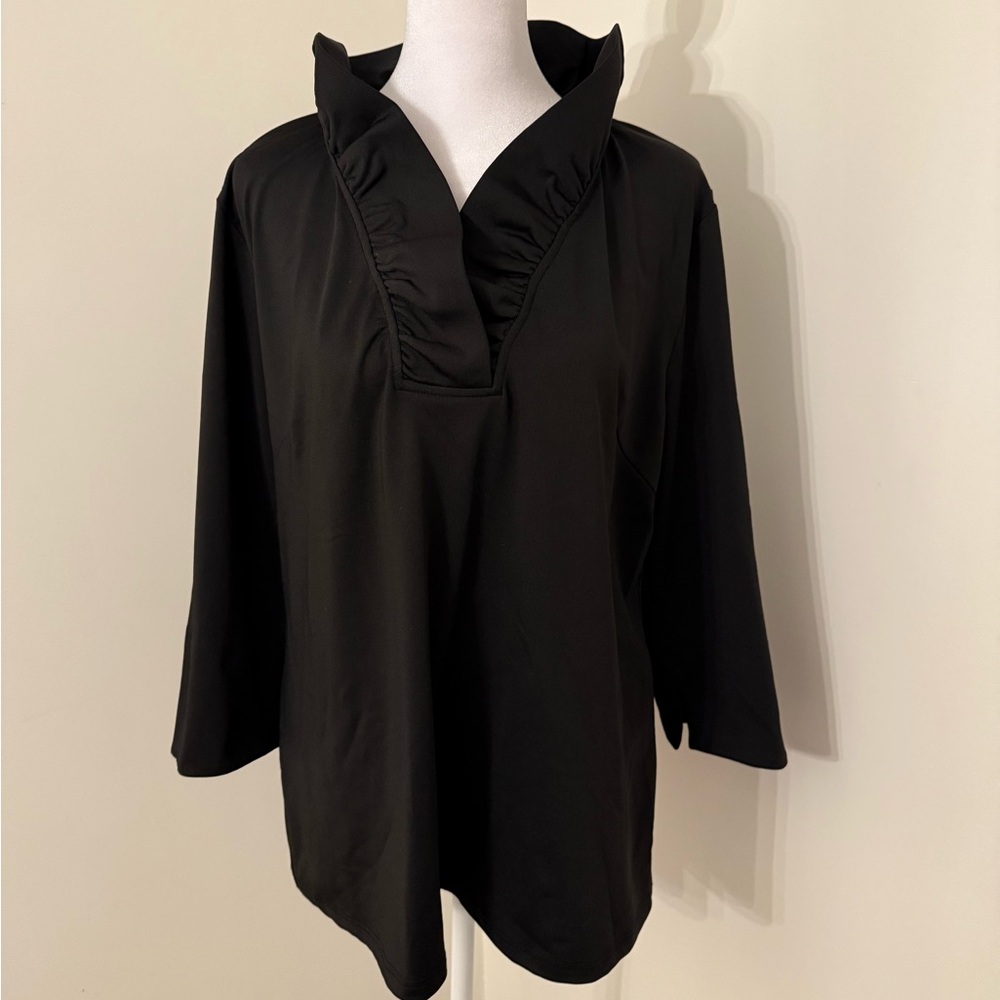 Gretchen Scott Scuba Blouse Ruffled Neck Black 3/4 Sleeves Stretch Top Size XXL